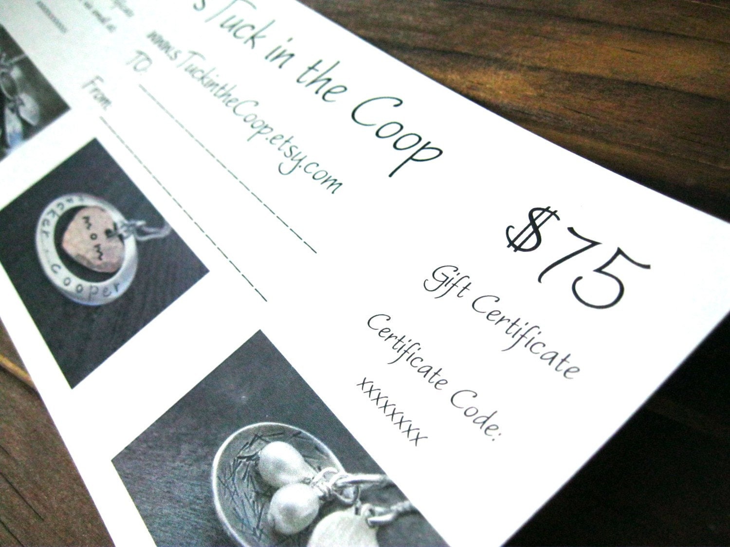 75 Dollar Gift Certificate sTuck in the Coop Personalized Jewelry