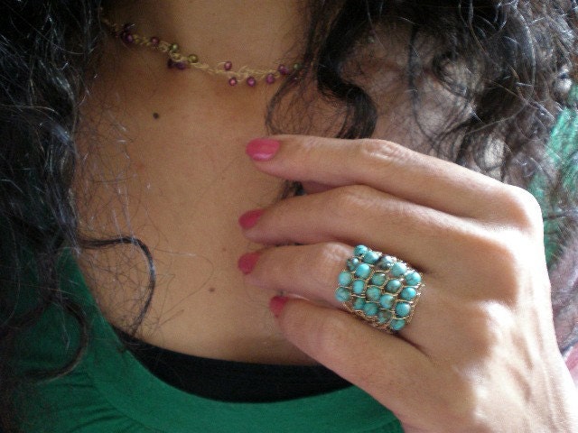 Turquoise and gold crochet ring, crochet gold filled wire ring with Turquoise Howlite