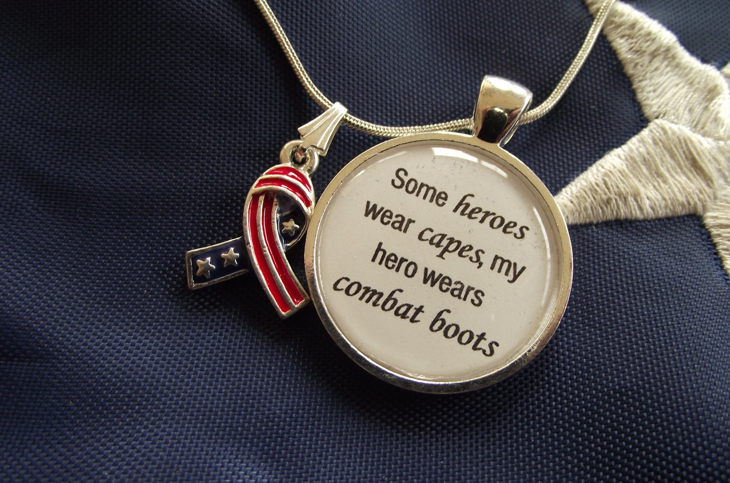 Some heroes wear capes, my hero wears combat boots- 4th of july- buy two get one free- 16" or 18" snake chain- READY TO SHIP