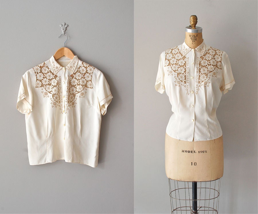 1950s silk blouse / cutout lace blouse / silk cutwork top