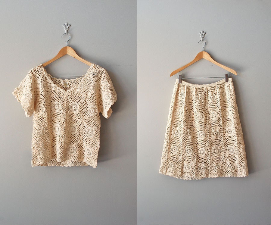 crochet dress / 70s cotton knit two-piece / Sausalito dress