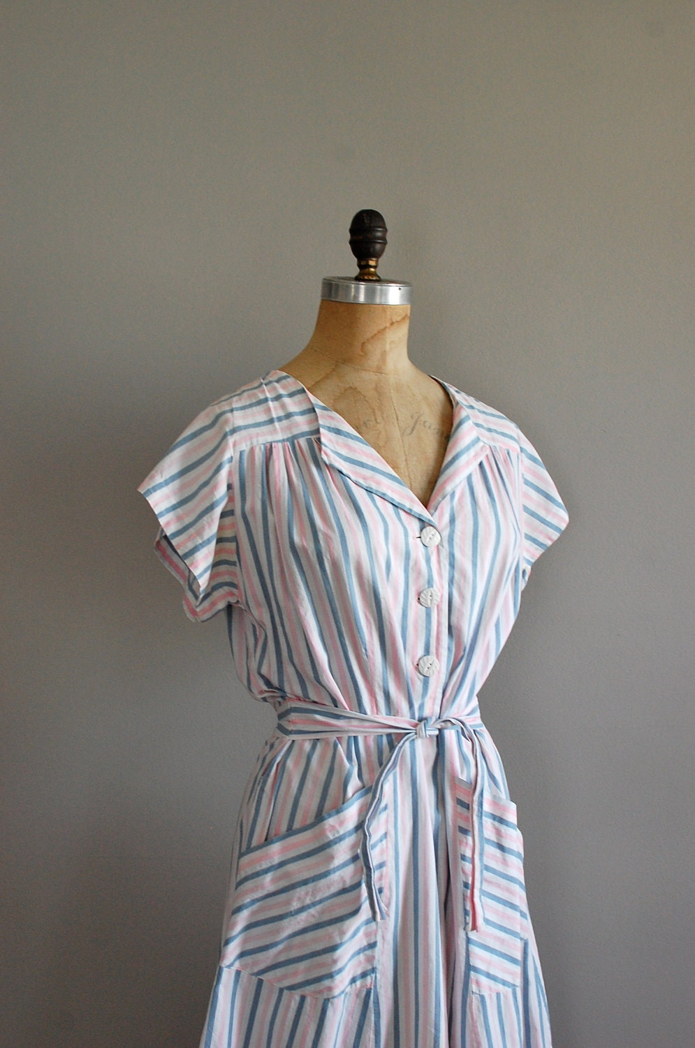 1940s dress / 40s dress / Bedsheet Stripes dress