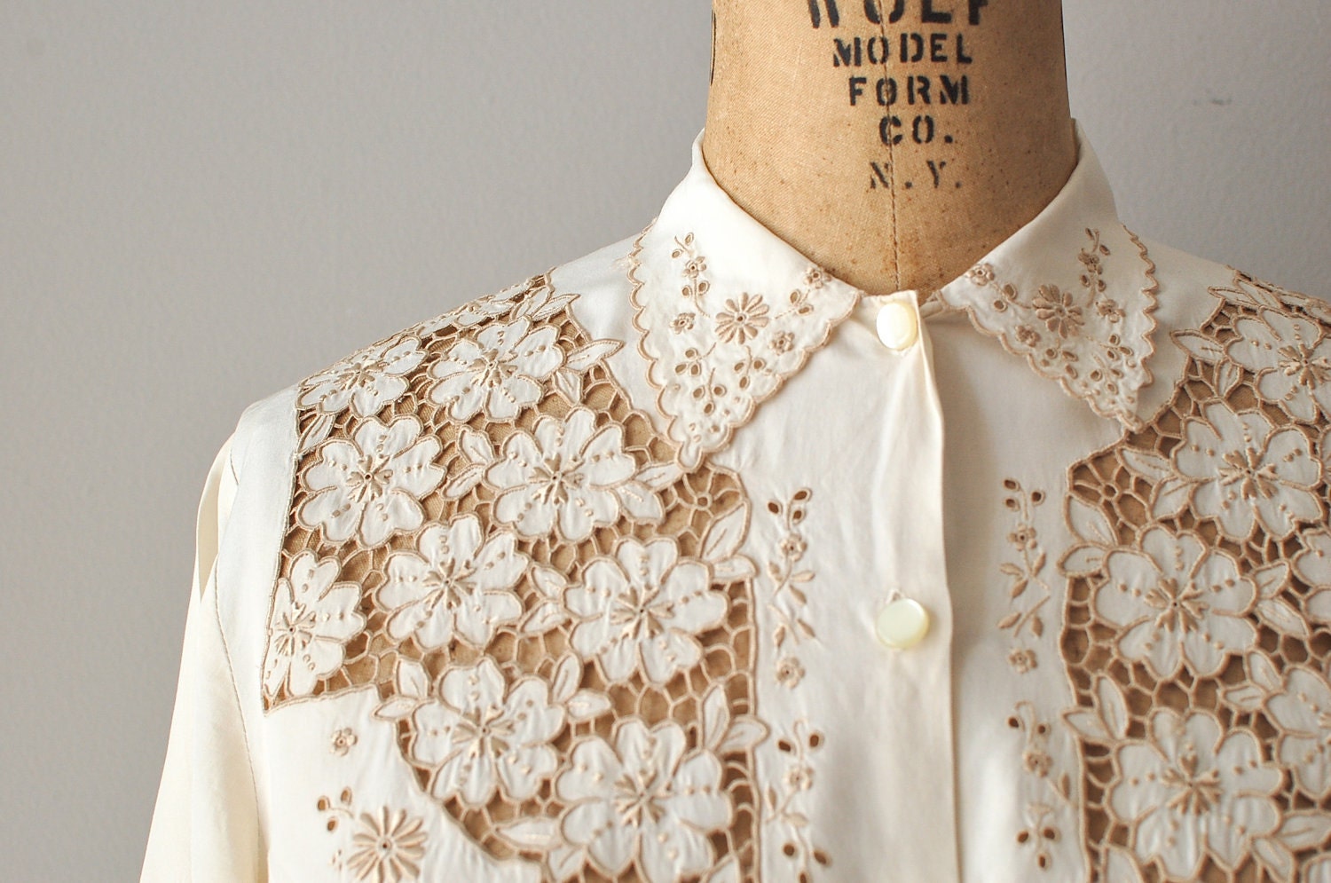 1950s silk blouse / cutout lace blouse / silk cutwork top