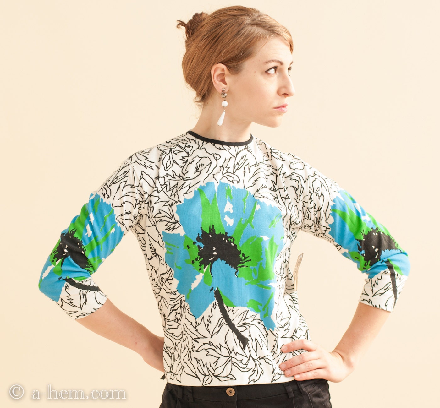 1960s NWT/NOS / Jane Colby Cotton 3/4 Tee / Abstract Flower