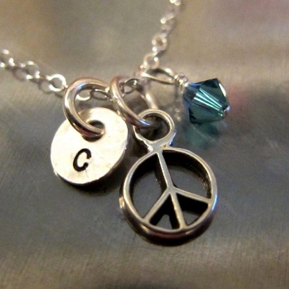 Peace Sign Necklace - Peace Jewelry - Sterling Silver with Hand Stamped Initial and Swarovski Crystal - Life is Rosey Charm Chain