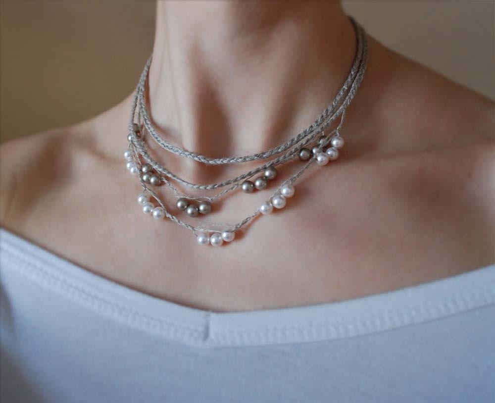 Set of 2 Linen Necklaces . Sibilla. White and Bronze  Pearls.