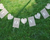 Burlap Linen Banner. Garland. Love and Hearts. Natural and White.