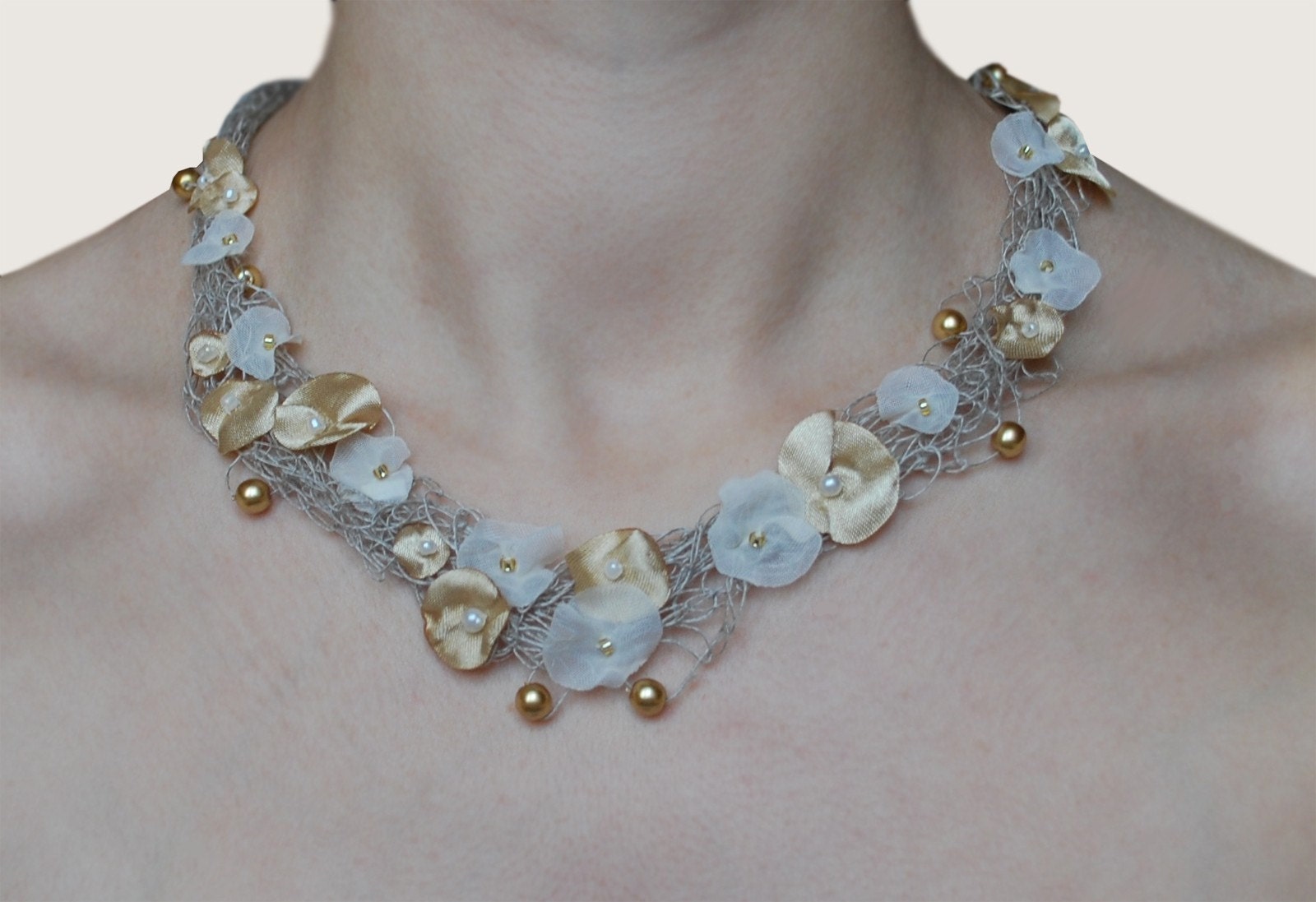 Featured On Jewelry Affaire Magazine. Delicate Crocheted Necklace. NICOLE. Gold and Champagne flowers.