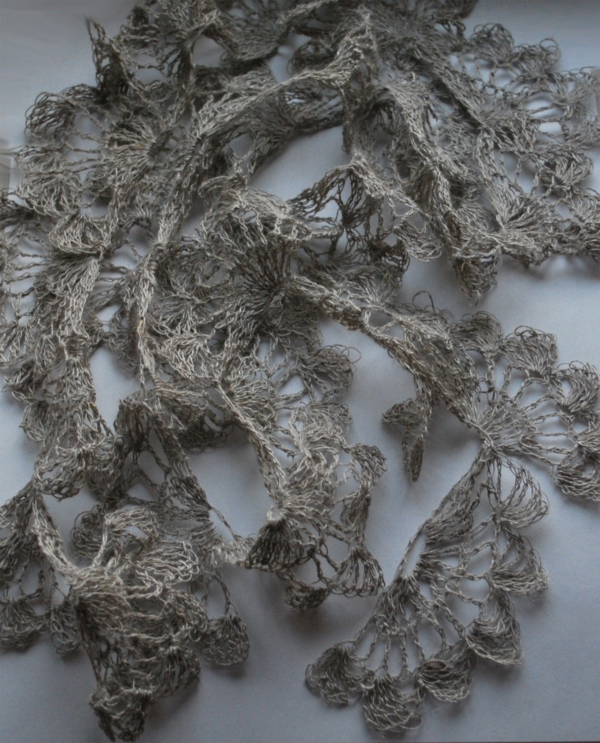 Extra Delicate Lace Crochet Linen Lariat.  GRACE.  Natural Grey.