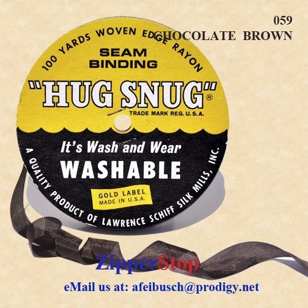 Hug Snug Seam Binding 100-yds Roll 1/2inch Wide Hug Snug 059 CHOCOLATE BROWN - 100 percentage Woven-edge Rayon - Wash 'n Wear - made in USA