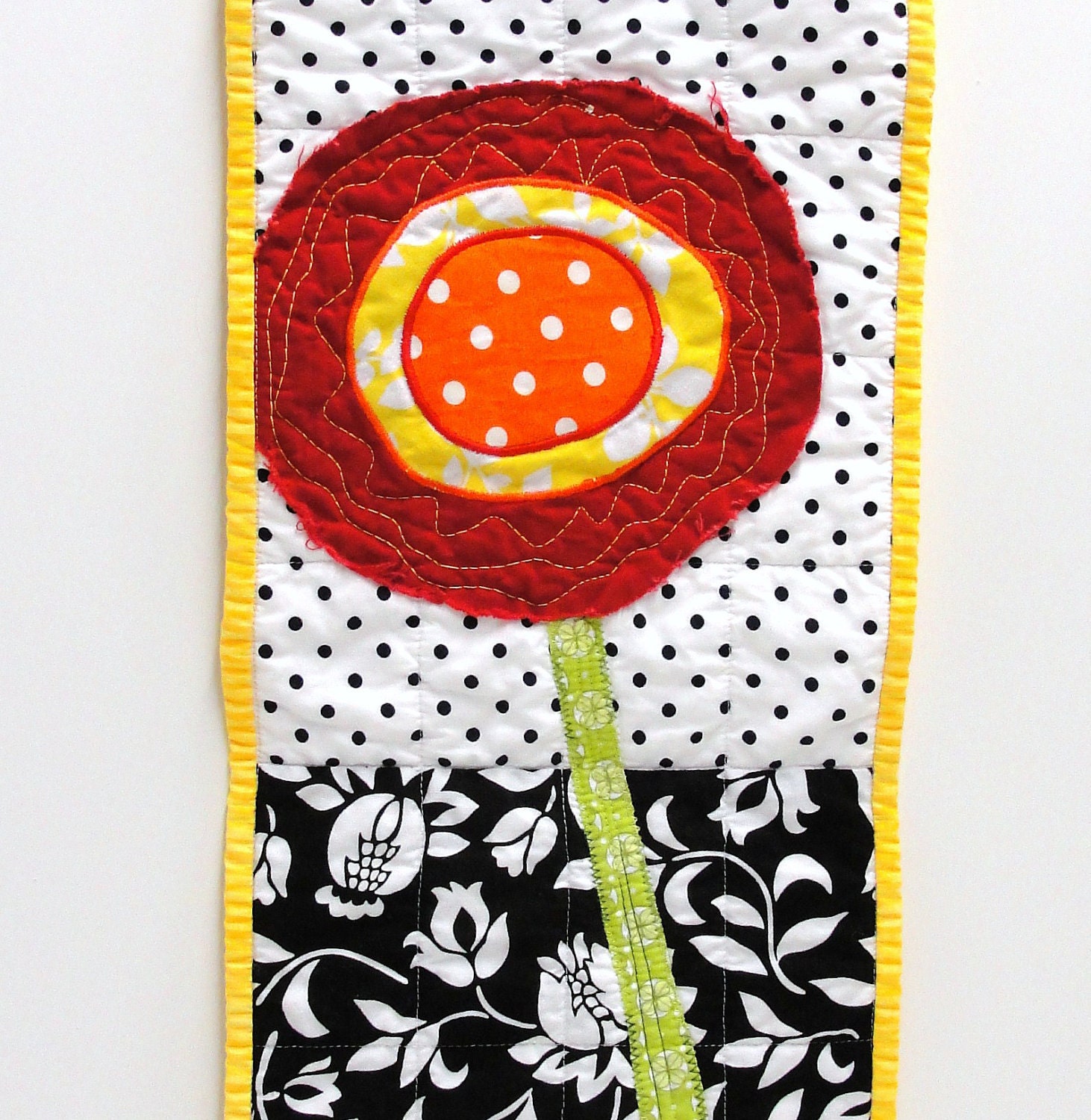 poppy wall quilt- single stem red poppy on black and white background, wall art, wall hanging