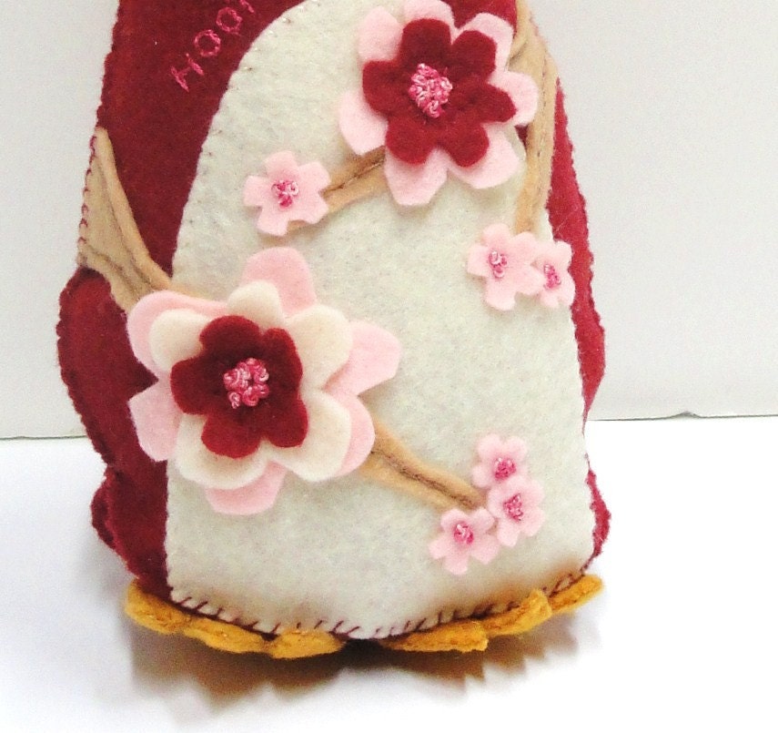 SALE felt owl- stuffed 8 inch stuffed HOOT owl in red with cherry blossoms