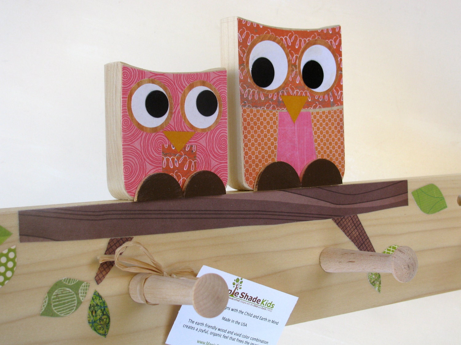 Owl Peg Rack - Pink and Orange - eco-friendly by Maple Shade Kids