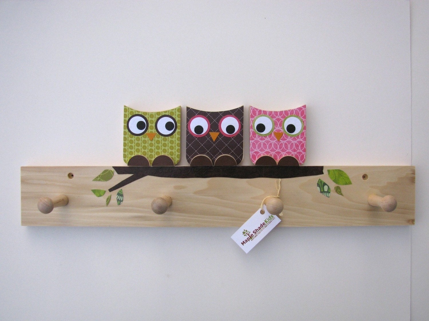Owl Friends Peg Rack - Kiwi Green, Chocolate Brown and Hot Pink - eco-friendly - by Maple Shade Kids