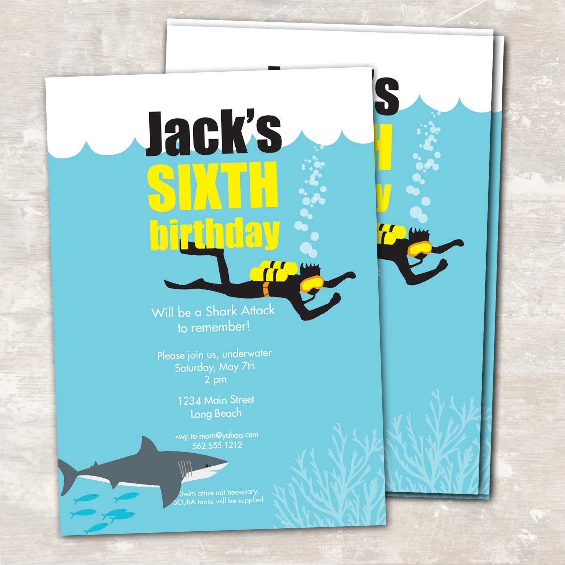 PRINT & SHIP Shark and Scuba Birthday Party Invitations (set of 12) Il_570xn