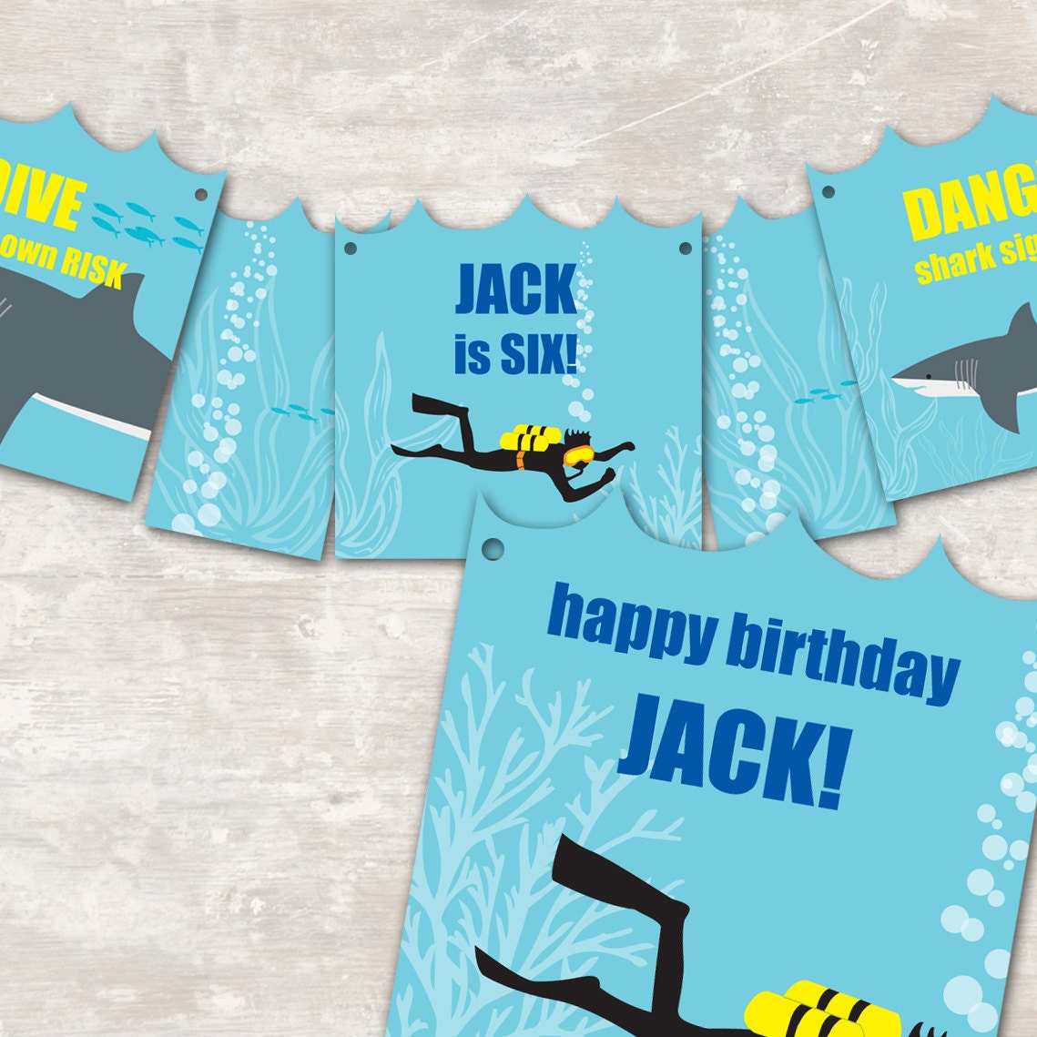 Shark and Scuba Birthday Party Pennant Banner PRINT & SHIP