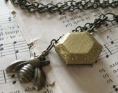 Honey Bee Necklace - Antique Brass Aged Gold Photo Locket Bee Charm on Antique Brass Chain - Nature Woodland Vintage Steampunk Art Deco Gift