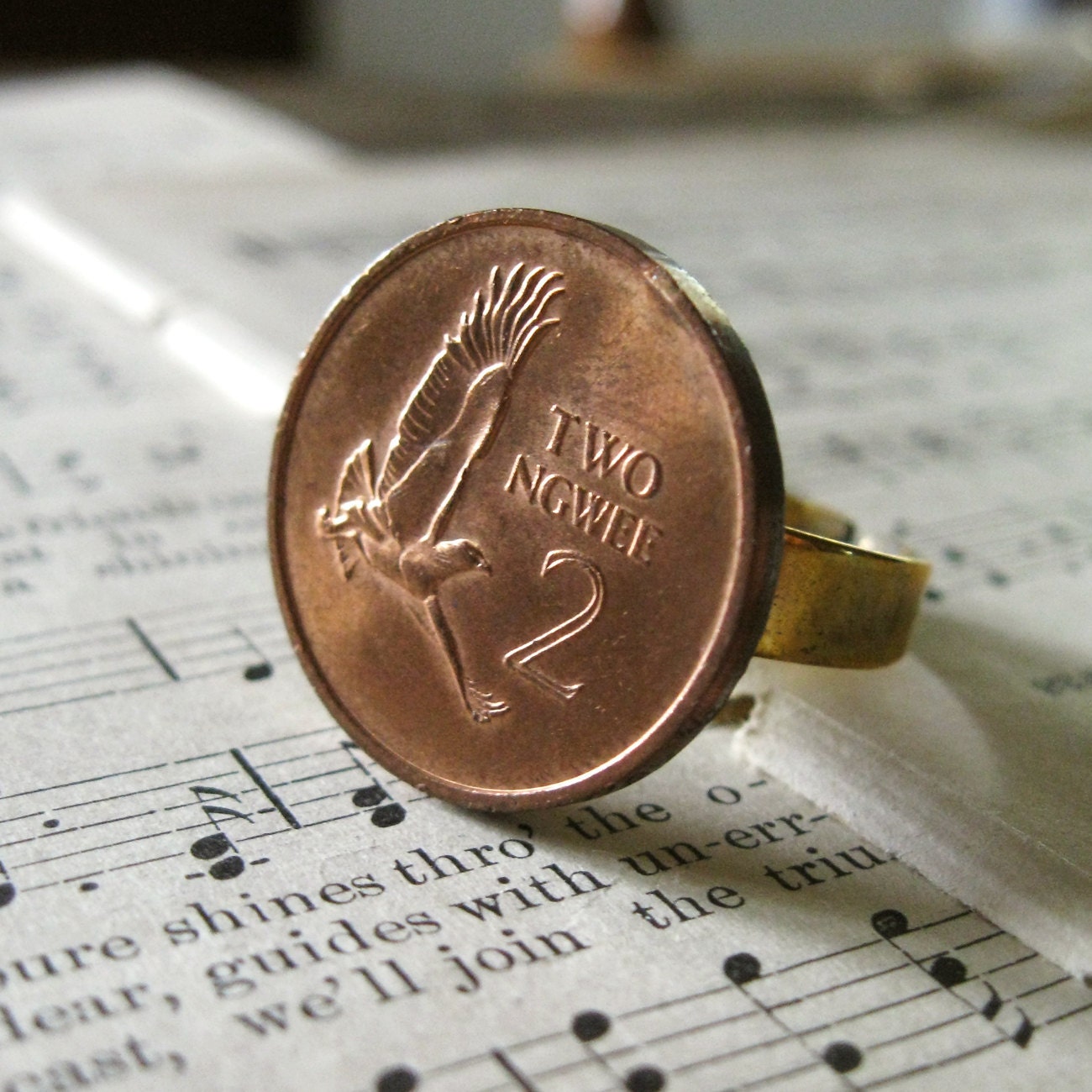 Traveler Cocktail Ring - Copper Eagle Circulated Foreign Coin on Gold Adjustable Band - Metal Unisex Travel Modern Gift