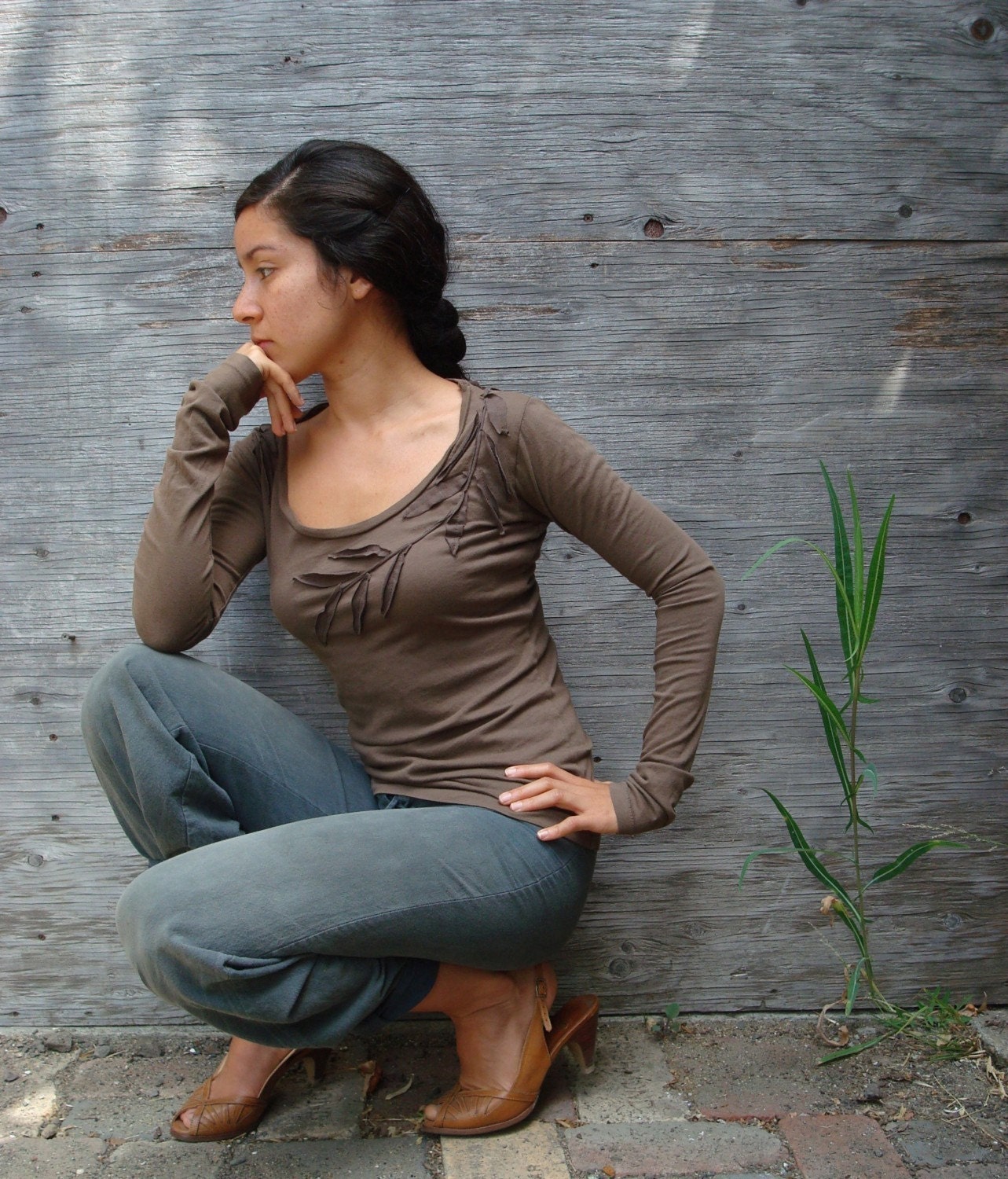 Rustic Organic Liana Long Sleeve Top in Brown, size Small, just for Gina
