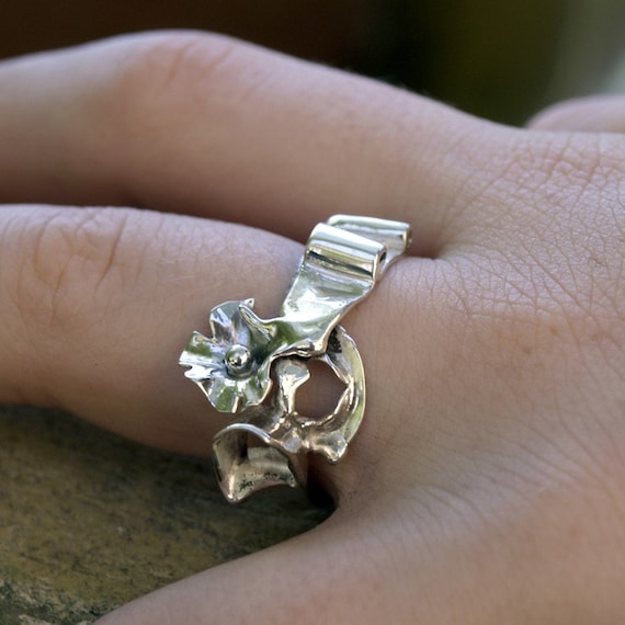 Silver Organic ring Sterling Silver ring silver ring with flowers ooak ring eco stylish silver ring womens ring
