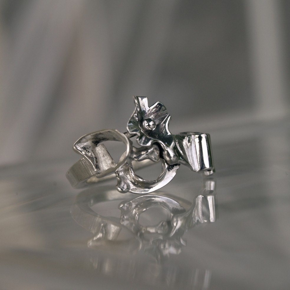 Silver Organic ring Sterling Silver ring silver ring with flowers ooak ring eco stylish silver ring womens ring