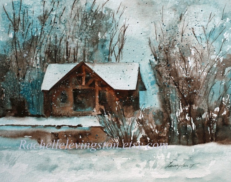 Winter Landscape Painting Christmas art print Christmas wall art winter home decor 11x14 Snowy Landscape Print blue brown turquoise