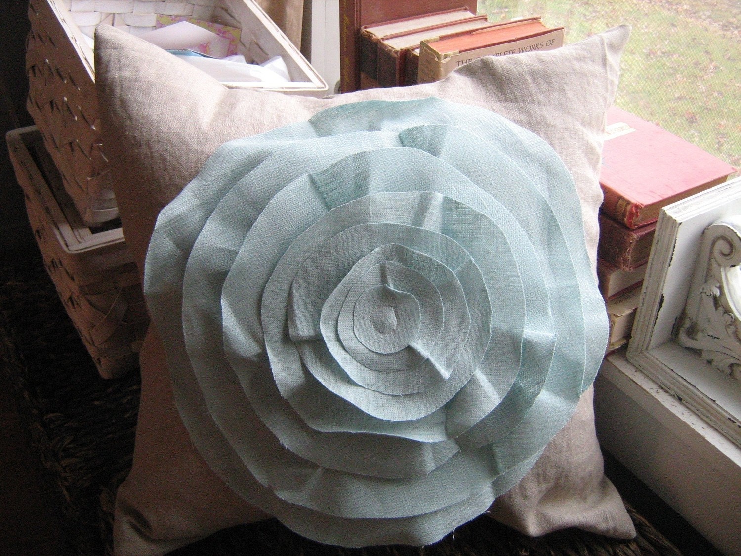 16x16 French Rose Pillow in Oatmeal and Robin Egg Blue Linen