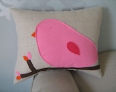 Cotton Candy Pink Bird Pillow on Oatmeal/Natural Linen