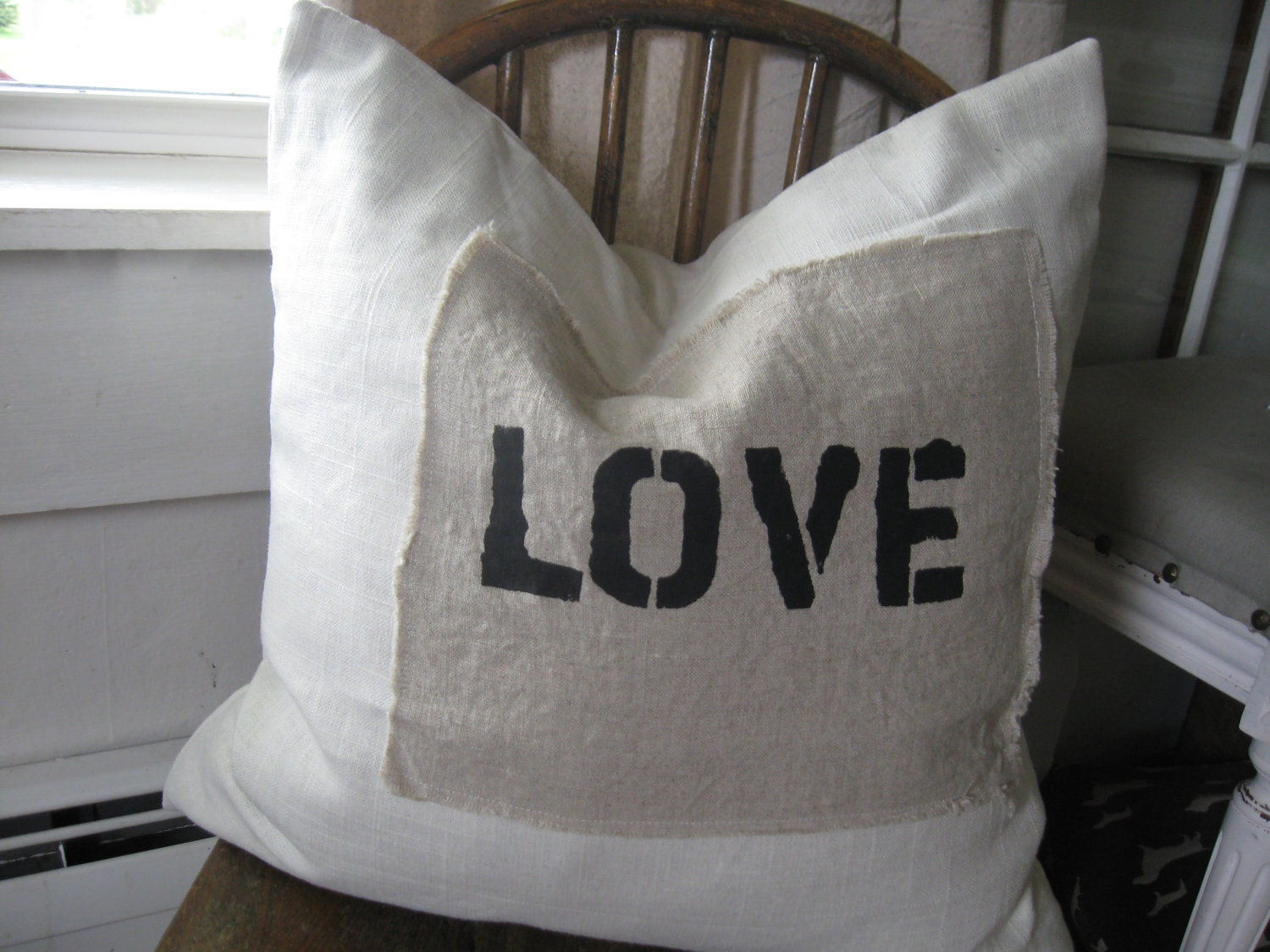 LOVE Stenciled Linen Patch Pillow Cover 16x16
