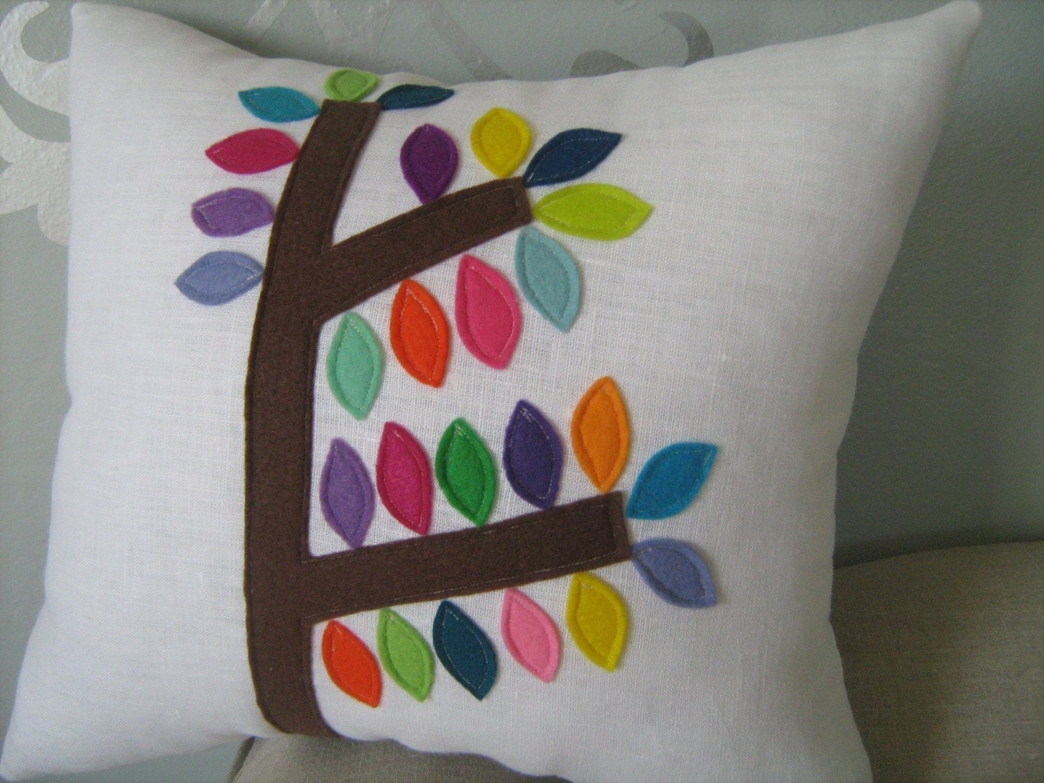 Mod Tree Pillow on White Linen 14x14