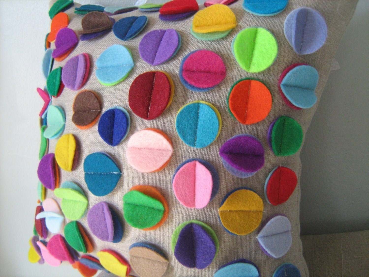 As SEEN in DIY Magazine- Rainbow Disc Pillow on Oatmeal Linen