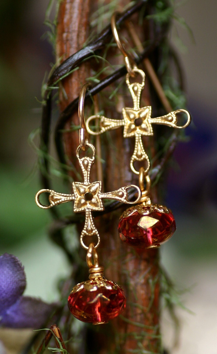 Deep Pink and Gold Cross Earrings