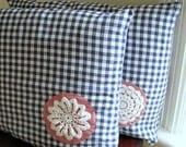Gingham Pillow Sham Covers Set of Two (2) - Handmade with Vintage Cotton and Antique Lace - Americana Blue Red White (Ready to Ship)