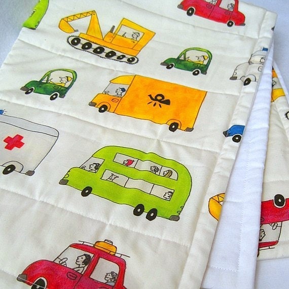 organic baby quilt in white mod traffic cars / eco friendly bedding in vehicles autos (LAST 1)