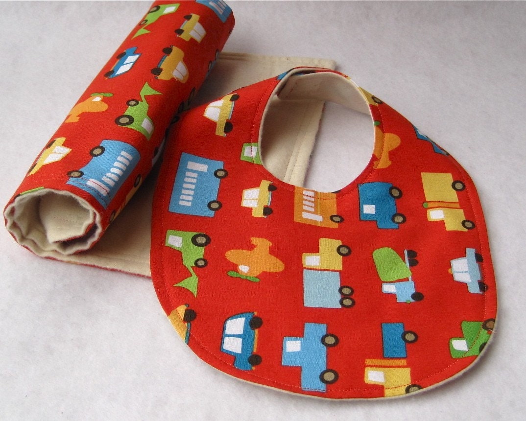 eco friendly baby bib and burp cloth set / red trucks in traffic with organic cotton flannel - baby gift ( Ready to Ship)