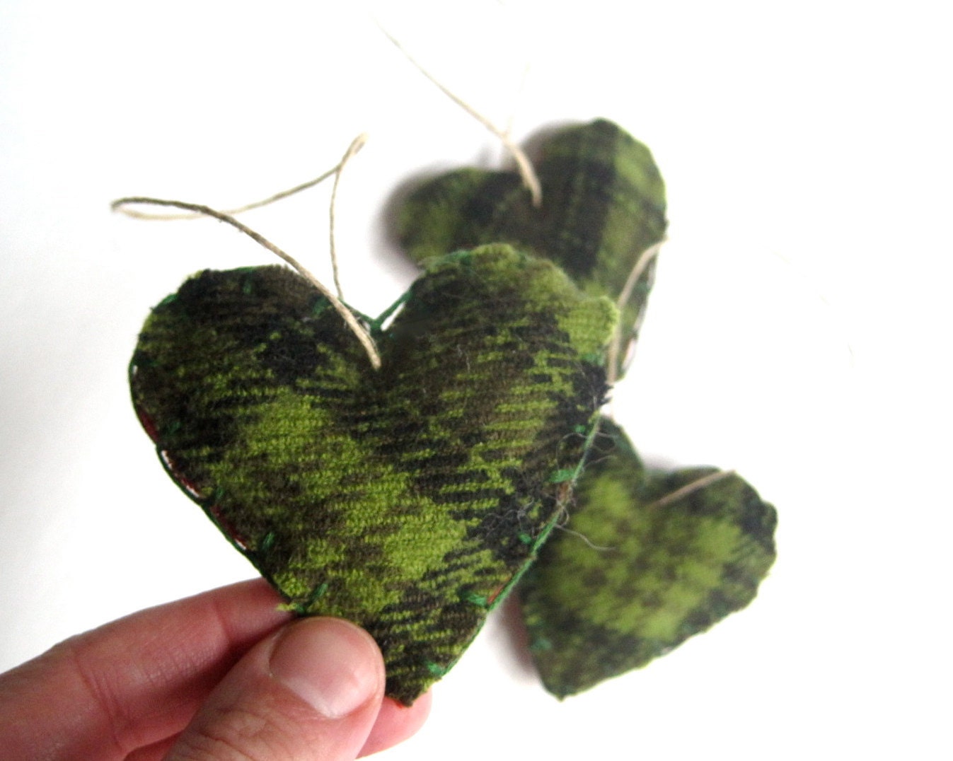 heart felts wool plaid green SET of 5 / eco friendly upcycled love home decor - hostess gift (ready to ship) - SewnNatural