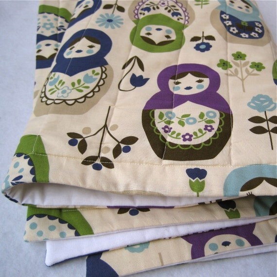 eco organic baby quilt and toddler bedding / Japanese matryoshka dolls in blue, green and purple