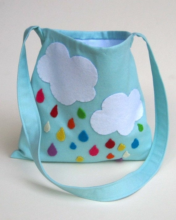 kids messenger bag rainbow rain drops / hand sewn eco friendly accessory for children