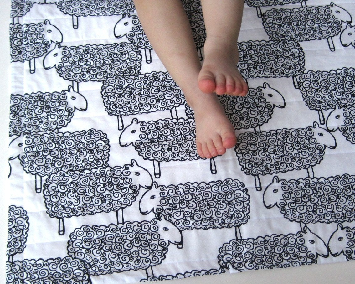 sheep organic baby quilt with black white lambs / handmade eco friendly (limited edition)