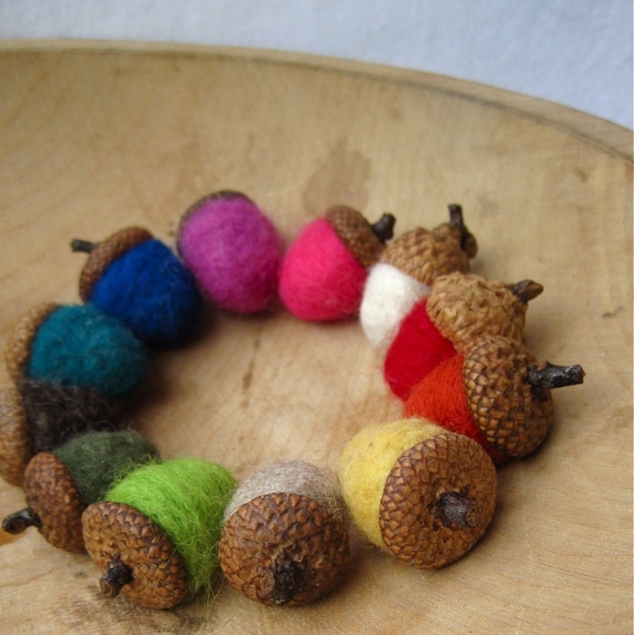 wool acorns felted rainbow SET of 12 / rustic eco friendly table and wedding decor - hostess favours gift