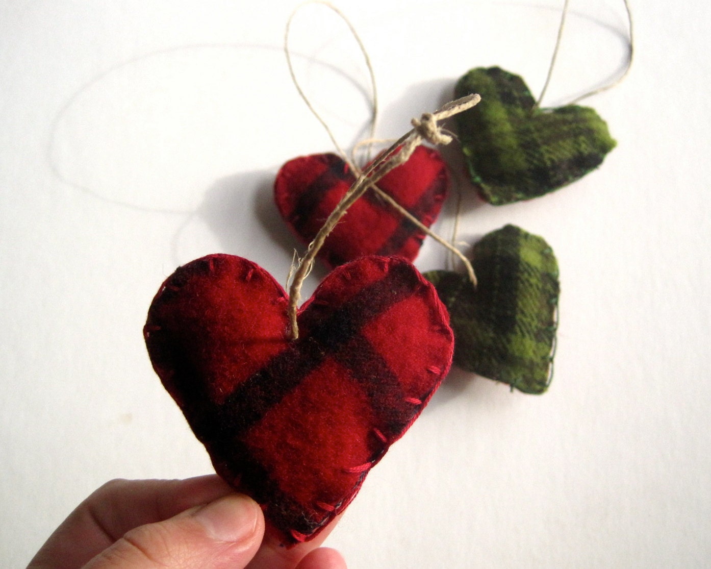 Lumberjack Heart Felts SET of 5 - Wool Heart Ornaments in Red Plaid - Eco friendly Love