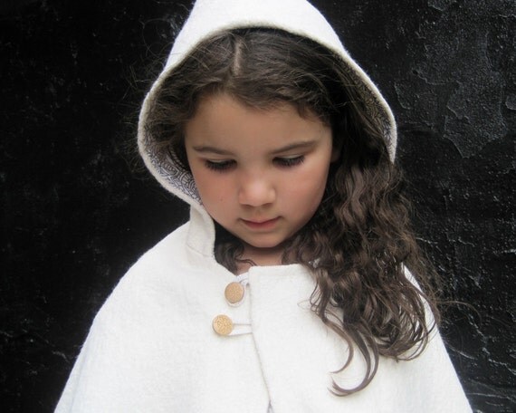 Girls CAPE Jacket Dressy Shrug - Weddings Accessory - Snow White Boiled Wool Capelet Hood Size 12 months 1T to 3T - Modern Kids Fall Fashion