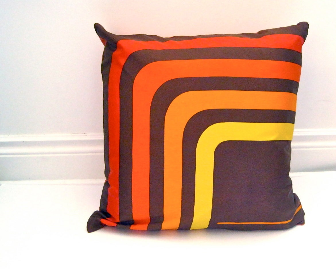 Vera Silk PiIllow Sham Throw Pillow Cover - 1970s Mod Geometric Silk Handmade into Sofa Cushion - Chocolate Brown Orange Gold Home Decor