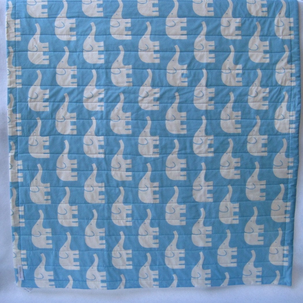 ORGANIC baby quilt / modern turquoise blue elephants crib bedding quilted blanket