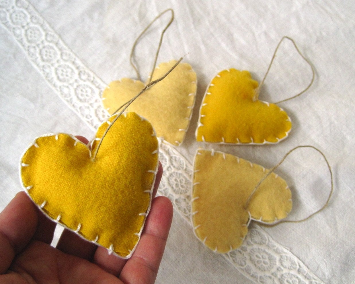 For Japan Earthquake Relief - lemon meringue pie heart felts ornaments set of 4 / eco friendly love decorations (READY TO SHIP) artisaid joyforjapan