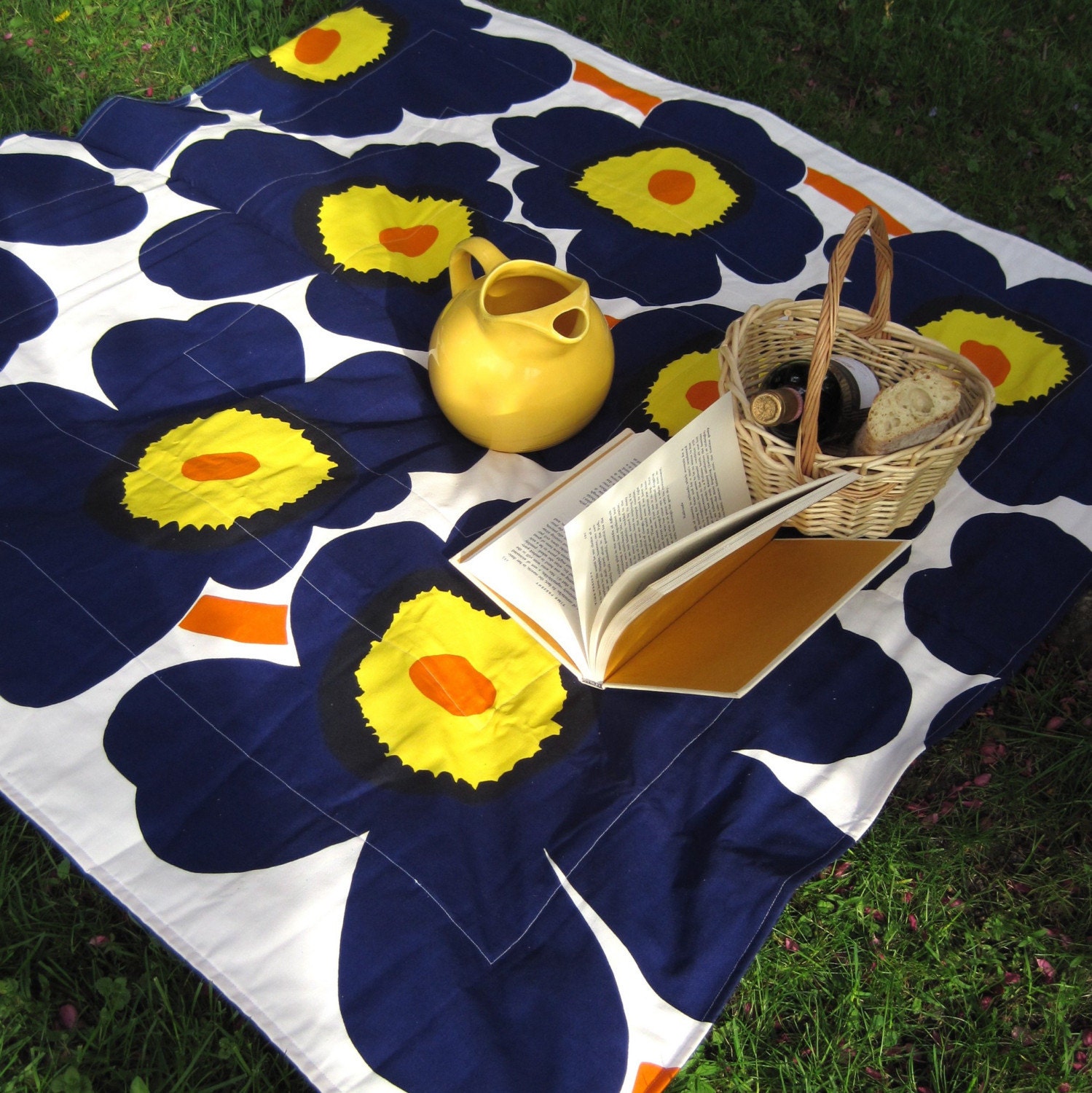 mod marimekko picnic blanket in eco friendly navy blue poppies for summer dining camping beach (LAST ONE)