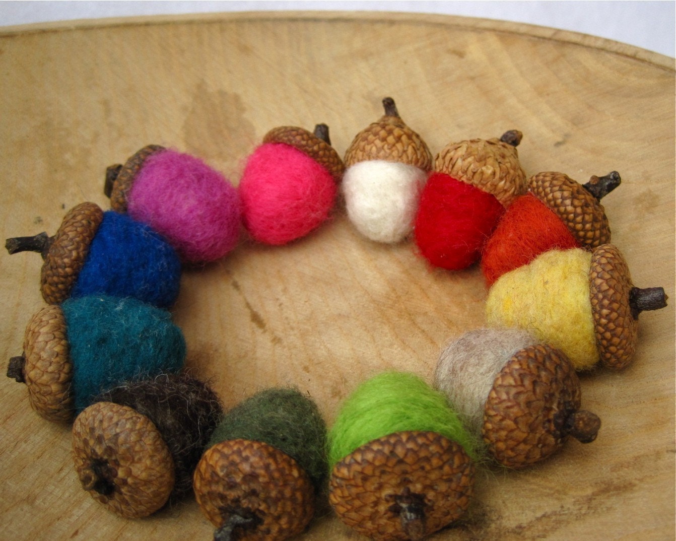 wool acorns felted rainbow SET of 12 / rustic eco friendly table and wedding decor - hostess favours gift