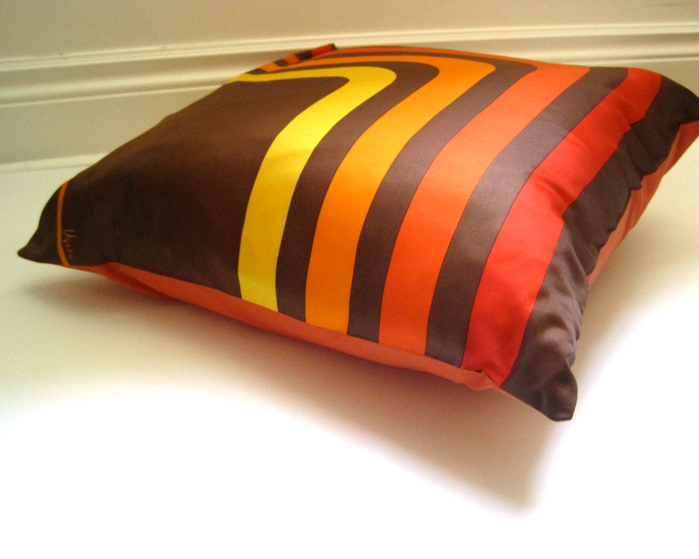 Vera Silk PiIllow Sham Throw Pillow Cover - 1970s Mod Geometric Silk Handmade into Sofa Cushion - Chocolate Brown Orange Gold Home Decor