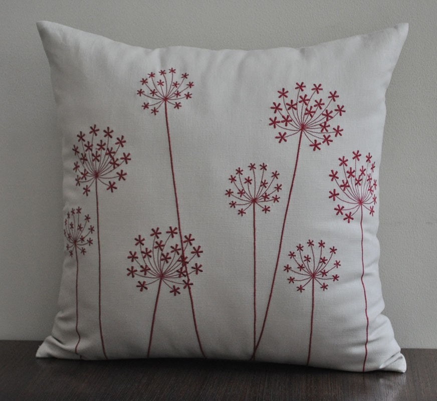 Red Hydrangea Pillow Cover, Throw Pillow Cover 18 x 18,  Red Flower on Oatmeal Linen Pillow, Decorative Pillow Cushion, Pillow Case Red