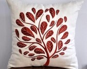 Peacock  Pillow Cover, Orange Peacock on Beige Pillow, Linen Embroidered Pillow, Decorative Throw Pillow Cover 18 x 18, Accent Pillow Orange